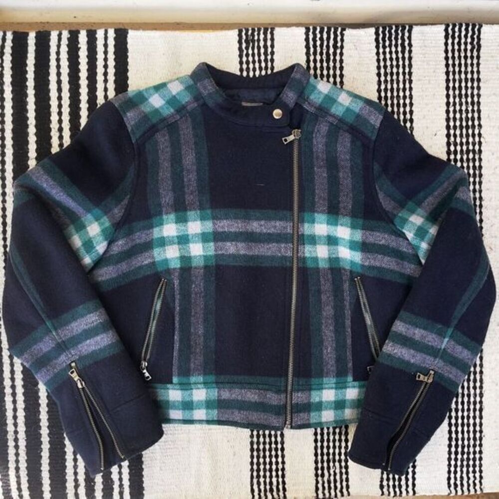 GAP Navy Plaid Wool Blend Moto Jacket Coat with Quilted Lining,‎ Women's XL
